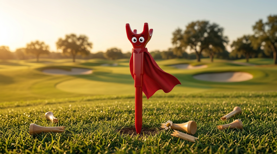 The Unbreakable — Fire Away Tee superhero mascot standing on a tee box surrounded by snapped wooden golf tees