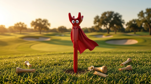 The Unbreakable — Fire Away Tee superhero mascot standing on a tee box surrounded by snapped wooden golf tees