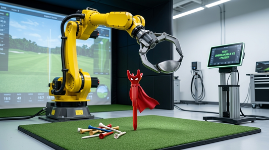The Unbreakable — Fire Away Tee superhero mascot in a golf robot testing lab, test screen reading PASSED