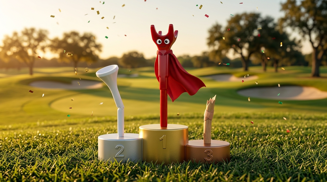 The Unbreakable — Fire Away Tee superhero mascot on the #1 podium spot above a bent martini tee and a snapped wooden tee