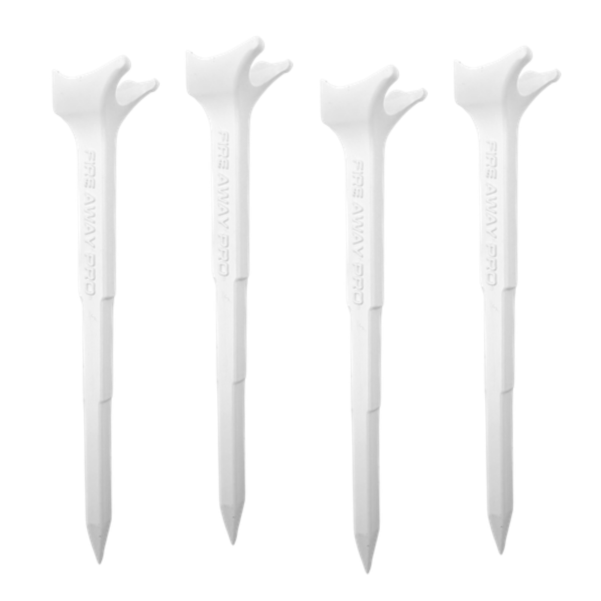 Four white Fire Away Tee Pro 4-inch golf tees